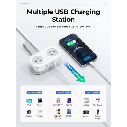 Travel Power Strip, ORICO 4 Outlets 2 USB Ports (1 USB C) with 4FT Wrapped Short Extension Cord Small Power Strip