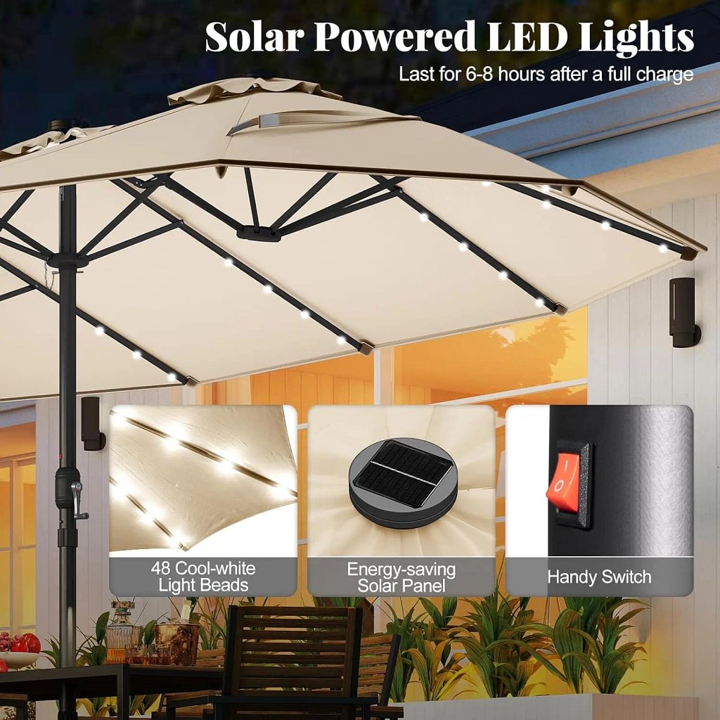 Double-Sided Patio Umbrella with Solar LED Lights